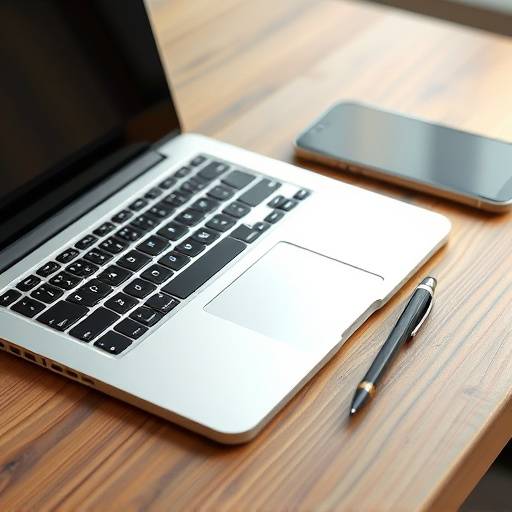 Desk with a laptop, notepad, and pen, ready for work