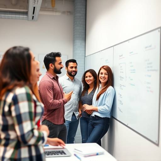 Team members collaborating around a whiteboard with business plans